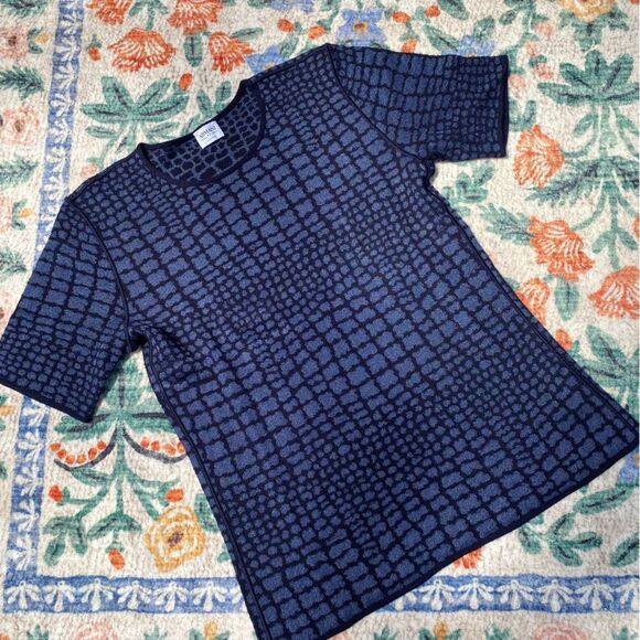 Armani Blue Patterned Short Sleeve Wool Cashmere Sweater Shirt Knit Medium - Picture 1 of 7